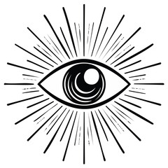 Illustration of an eye with sunburst, hand drawn style