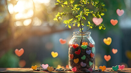 Tree with leaves beside jar of appreciation notes concept. A vibrant plant in a jar surrounded by colorful heart shapes.