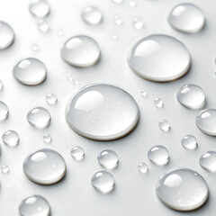 Abstract macro photography of pure water droplets with glistening light reflections on a smooth white surface, symbolizing freshness and clarity