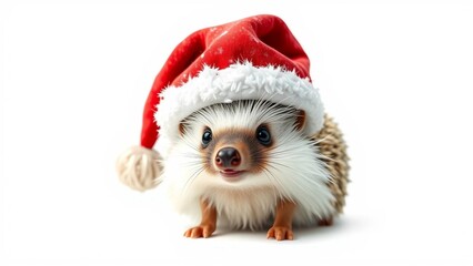 Cute watercolor portrait of a tiny hedgehog wearing a big red Christmas Santa hat, funny festive holiday illustration on white background.