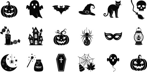 Obraz premium Halloween icon set with spooky symbols like pumpkin, ghost, bat, witch hat, black cat, skull, candle, castle