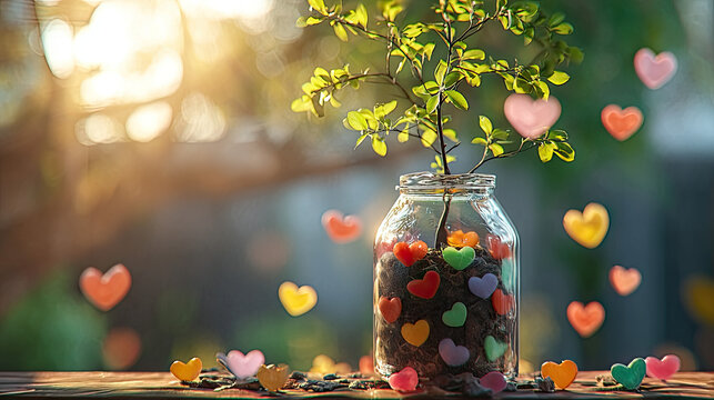 Tree with leaves beside jar of appreciation notes concept. A vibrant plant in a jar surrounded by colorful heart shapes.