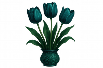 Teal tulips bursting from intricate green vase, transparent backdrop highlighting delicate petals and elegant botanical design