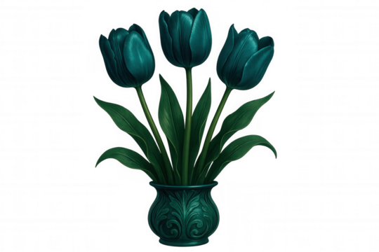 Teal tulips bursting from intricate green vase, transparent backdrop highlighting delicate petals and elegant botanical design - Powered by Adobe