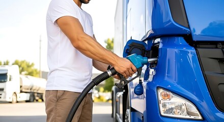 Professional Truck Driver Filling Fuel Tank With Diesel at Service Station