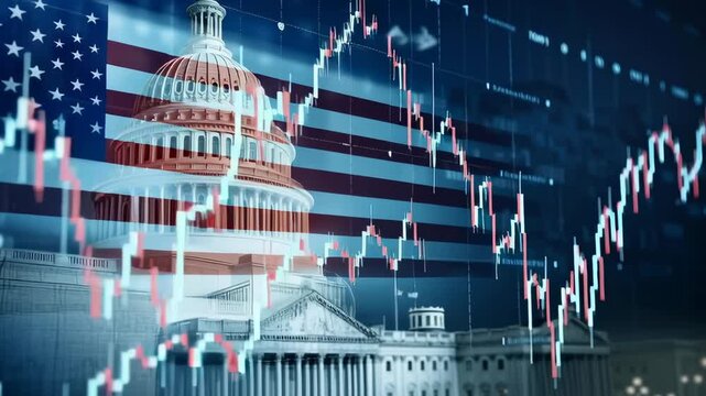 A picture of the United States Capitol building with a stock market graph on top. Scene is serious and important, as it combines the power of the government with the financial world