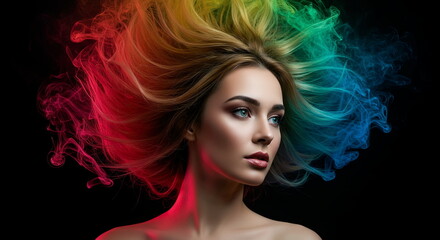 Naklejka premium woman in concentration with her eyes closed while her flowing hair is bathed in strong colored lights