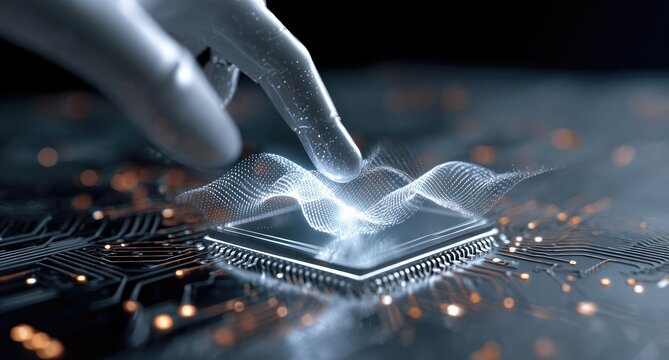 Robotic hand interacts with glowing data over a circuit board