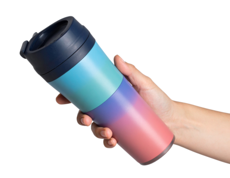 Tilted Reusable Tumbler with Lid in Hand, Angled Side View, Transparent PNG