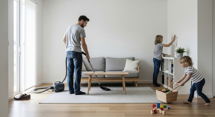 Single father cleaning house with children