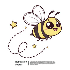 Adorable kawaii honey bee character flying with a happy expression. Cute insect mascot with a starry trail