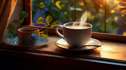 Fototapeta premium Hot coffee on cozy morning window