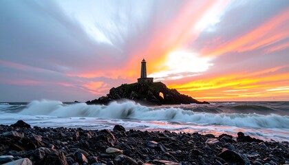 Dramatic sunrise over a rocky shore with a lighthouse