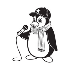 A hiphop penguin is rapping into a microphone, isolated on white background, wearing a cap and scarf in a cool cartoon style
