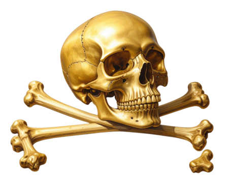 Angled Golden Skull with Crossed Bones Beneath, Shadowed Perspective, Isolated