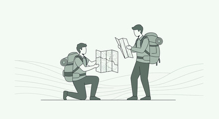 Adventurous Travelers Studying Map: Exploring Destinations in an Illustrated Landscape