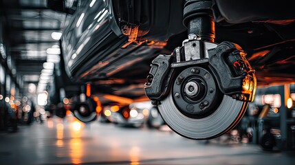 Close-up View of Car Brake System in Automotive Workshop with Blurred Background and Dramatic Lighting Effects