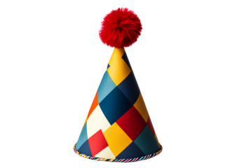  colorful paper party hat with a square pattern and a red fluffy ball on top, png transparent background 