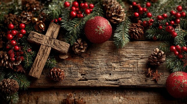 Christmas Rustic Ambiance: A rustic wooden cross rests amid festive Christmas embellishments of pine cones, bright red berries, and verdant pine branches. Generative Ai - Powered by Adobe