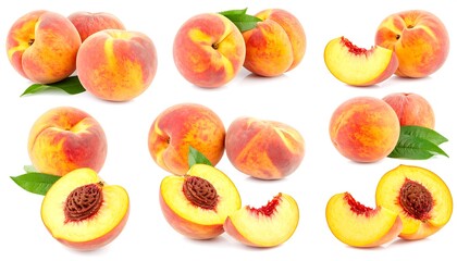 Peaches and peach slices. A collection of ripe peaches, whole and sliced, with leaves