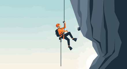 Adventurous Climber Descending a Steep Cliff Face, Achieving Great Challenges, Bold Action