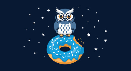 Fototapeta premium An Adorable Owl Wearing Glasses Perched on a Delicious Donut with Some Stars