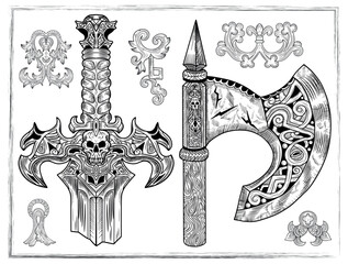 Old fantasy engraved illustration with viking axe and decorated sword isolated on white. Vector line art drawings, adventure medieval symbols