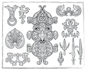 Old fantasy engraved illustration with gotic and celtic decorations isolated on white. Vector line art drawings, medieval ornated symbols