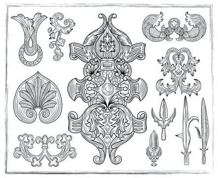 Old fantasy engraved illustration with gotic and celtic decorations isolated on white. Vector line art drawings, medieval ornated symbols