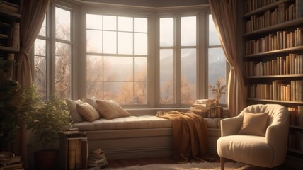 Fototapeta premium Cozy Reading Nook with Bay Window, Autumn Mountain View, Bookshelves and Warm Earthy Interior