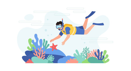 Obraz premium Adventurous Diver Swimming Near The Colorful Coral Reef With A Starfish Encountering