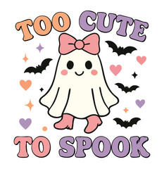 Cute ghost with pink bow and boots surrounded by bats and hearts halloween