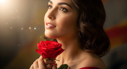 Rose Day Portrait Young Woman Holding Red Rose Beauty Hope Love and Cancer Awareness Inspirational