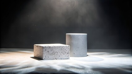 minimalist concrete block and cylinder with spotlight effect