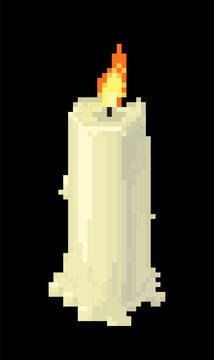 Pixel art lit wax candle isolated on black background.