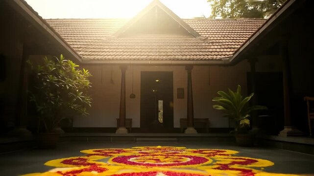 Happy onam festival celebration with a beautiful pookalam flower rangoli adorning a traditional kerala style courtyard house
