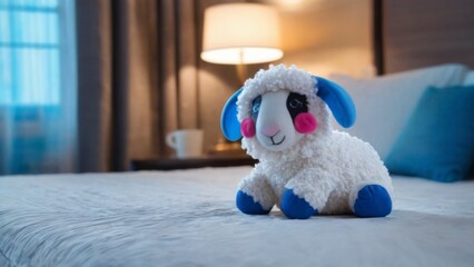 Adorable white stuffed sheep toy on bed in modern hotel room setting, featuring blue legs and pink nose.