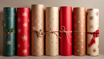 Nine upright rolls of festive wrapping paper in black, gold, and cream