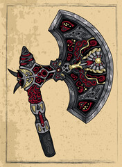 Colorful fantasy engraved illustration of decorated viking axe against textured background. Vector line art drawing, adventure medieval symbol