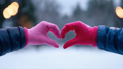 Love and affection displayed through two hands forming a heart shape in snowy landscape with pink gloves and blue jackets.