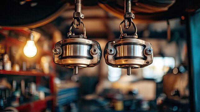Close-up of Industrial Metal Components Hanging in Workshop with Warm Glowing Light Background for Mechanical Themes