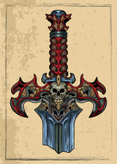 Old fantasy engraved illustration of decorated sword against textured background. Vector line art drawing, adventure medieval symbol