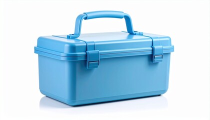 Blue plastic toolbox with top handle and front latches on a white background
