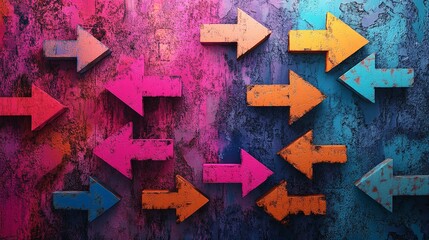 An artistic digital rendering featuring a collection of arrows pointing in various directions, symbolizing the complexity and multitude of choices involved in the decision-making, Generative AI