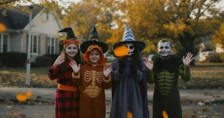 A cheerful group of diverse children in festive costumes waving on a suburban street during a fun Halloween celebration