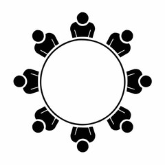 Eight people seated around a circular table, engaged in a meeting or discussion.