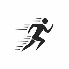 Simple black silhouette of a person running, with speed lines, on a white background.