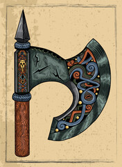 Hand drawn fantasy engraved illustration of axe against textured background. Vector line art drawing, old adventure medieval symbol