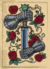 Old fantasy colorful illustration of knight hands in gloves holding swords among roses against textured background. Vector line art drawing, adventure medieval symbol