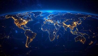 Glowing digital world map, showcasing interconnected continents and city lights at night